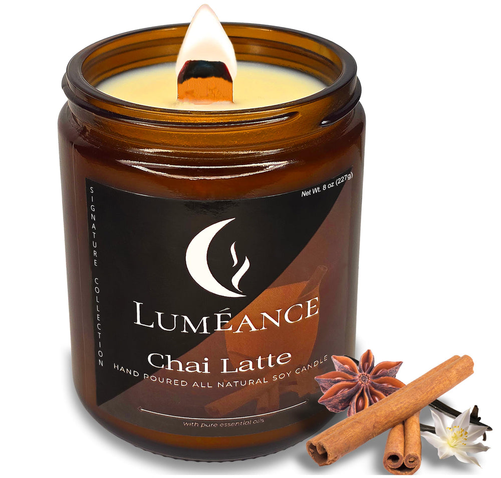 Lumeance Chai Latte Candle in amber jar with crackling wood wick for cozy ambiance.
