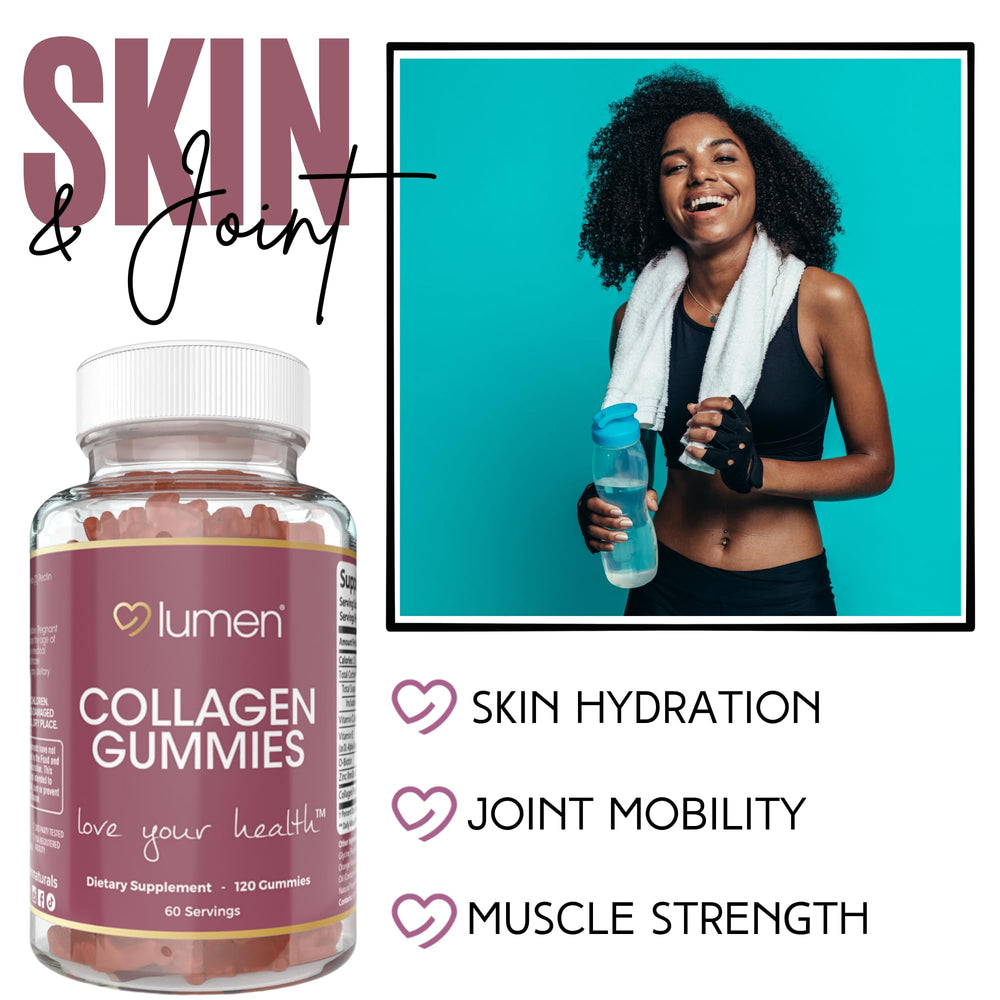 Lumen Naturals Collagen Gummies close-up label highlights non-GMO ingredients.