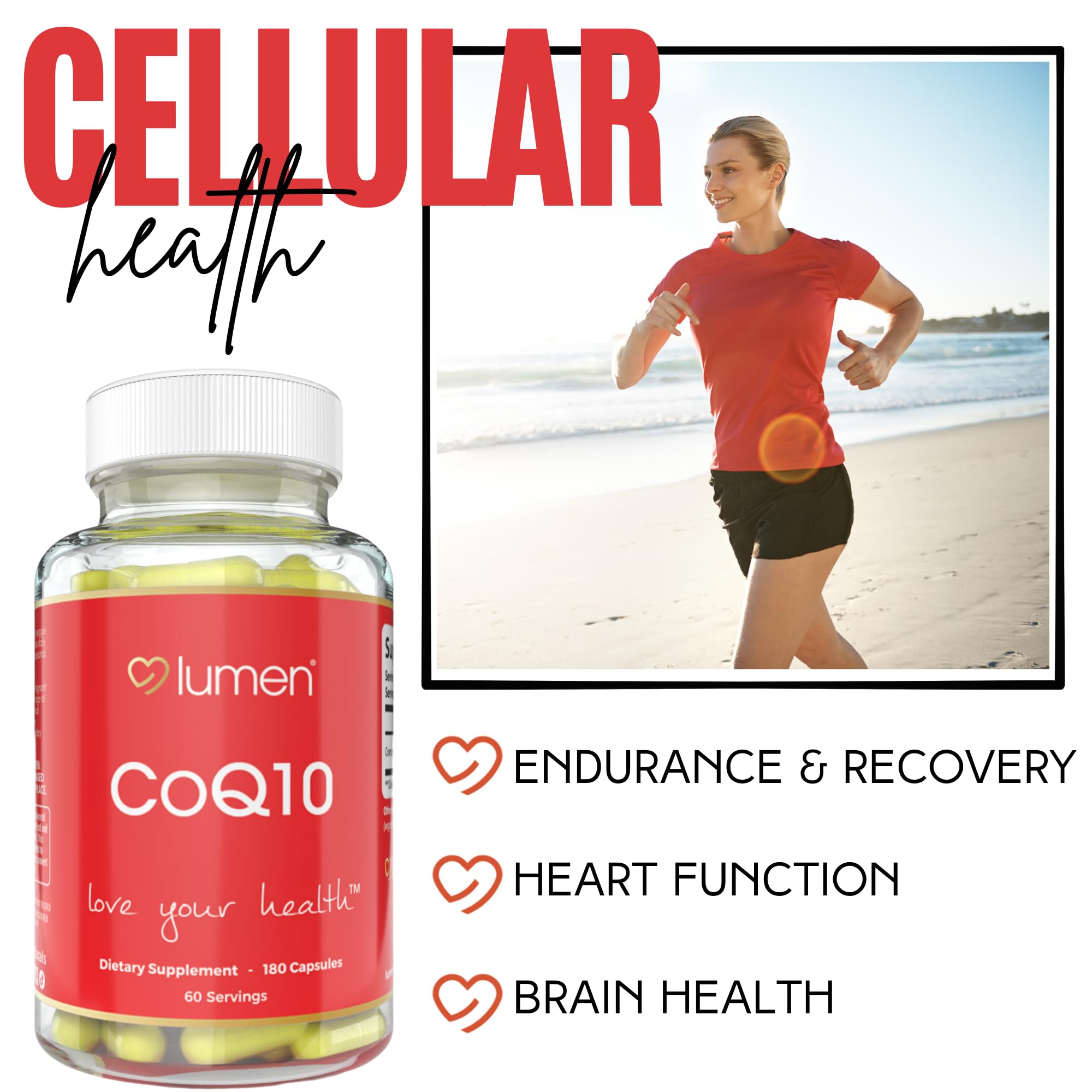 Lumen Naturals CoQ10 for Women bottle front, 60 servings per bottle.