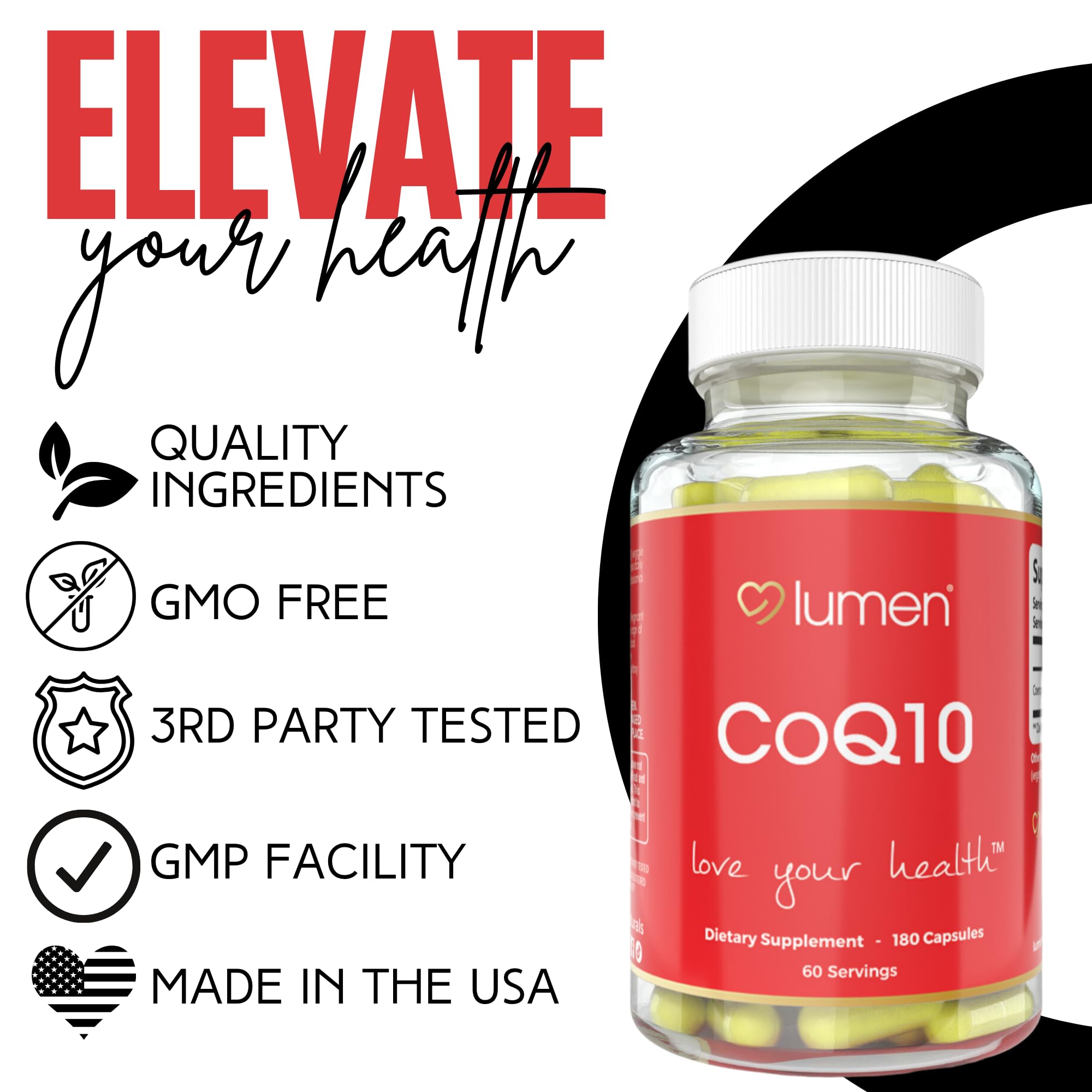 Lumen Naturals CoQ10 bottle on kitchen counter for easy daily use.