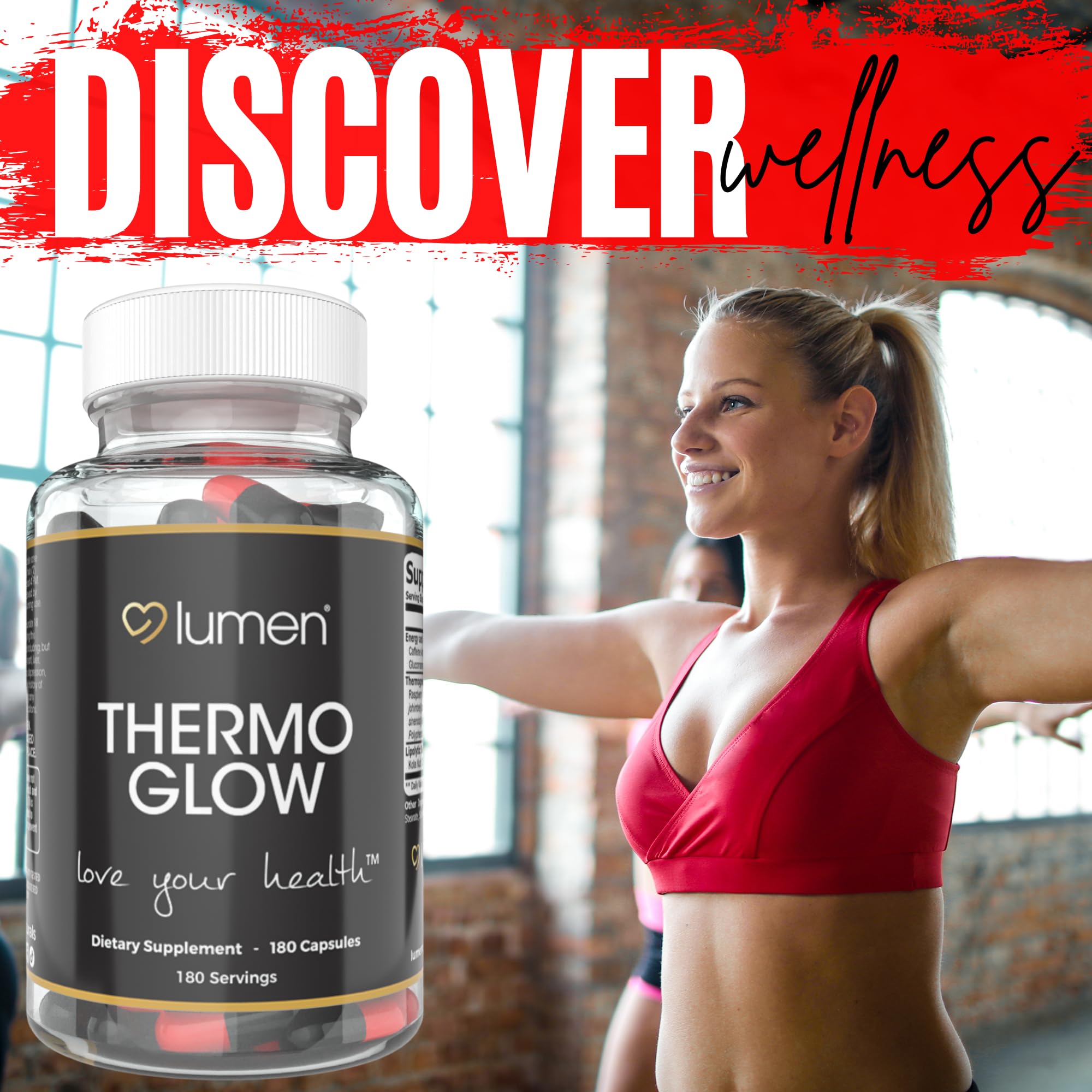 Lumen Naturals ThermoGlow bottle with glass of water, suggesting simple daily integration.