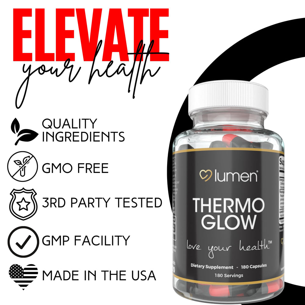 Lumen Naturals ThermoGlow label close-up, non-GMO and vegan-friendly attributes highlighted.