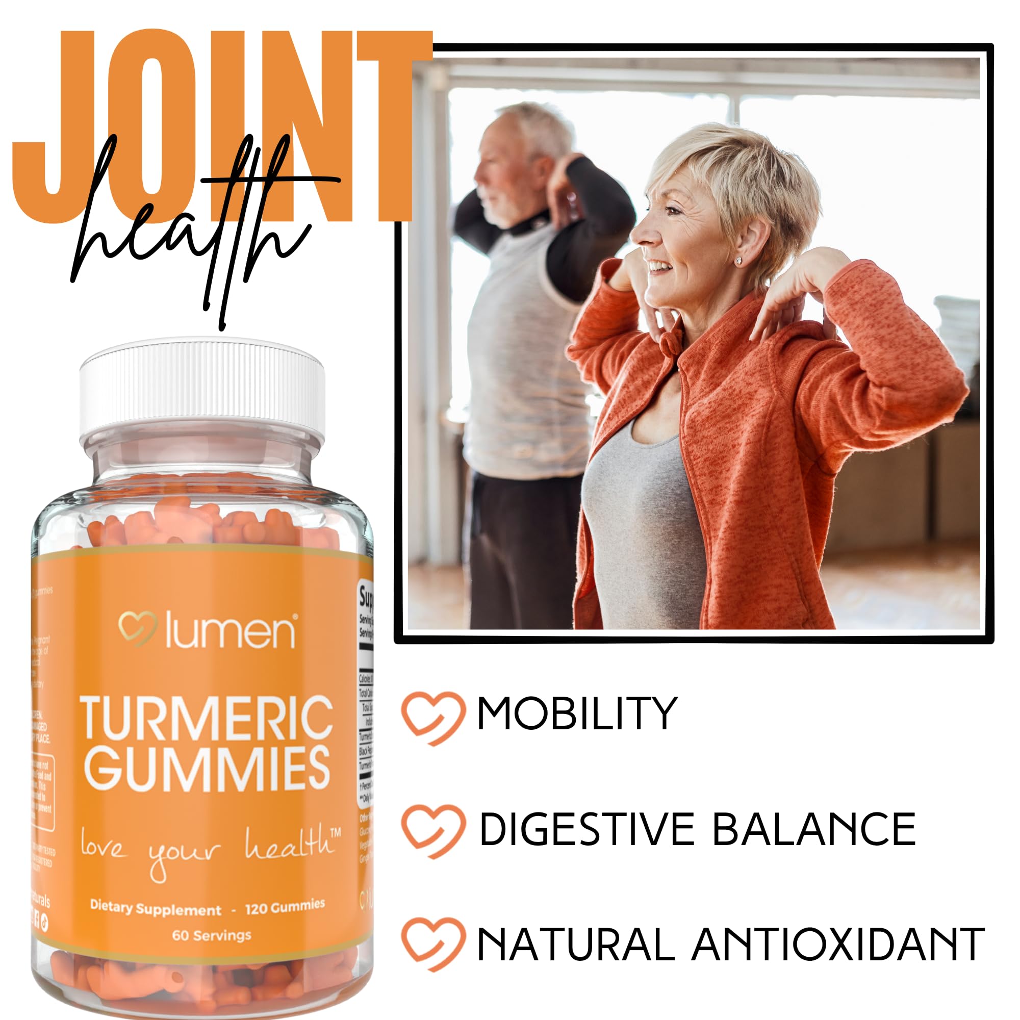 Lumen Naturals turmeric gummies bottle showing 120-count, 60 servings for two months.