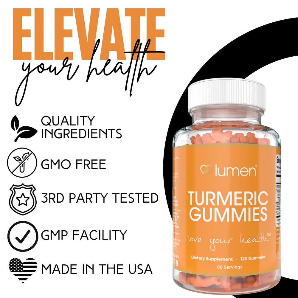 Lumen Naturals turmeric gummies packaging emphasizing non-GMO and gluten-free ingredients.