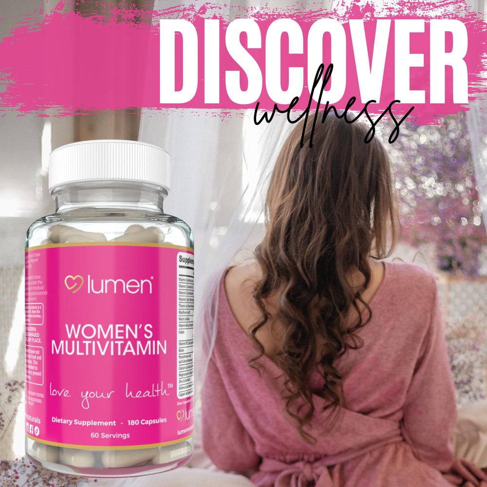 Bottles with spoon from Lumen Naturals Women's Multivitamin indicate simple daily dosing