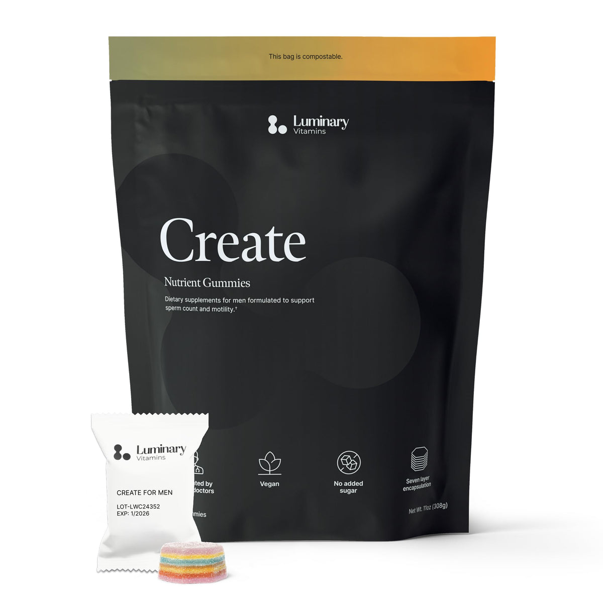 Luminary Create for Men bottle front with blackcurrant gummies for daily support
