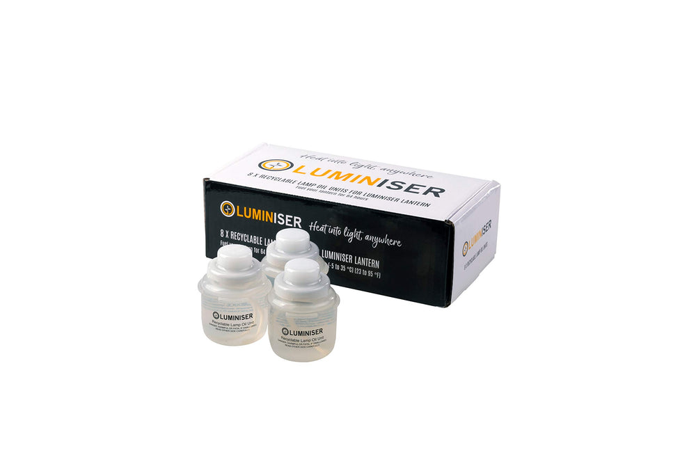 LUMINISER lamp liquid oil cartridge cap-closed ensuring leak-free storage.