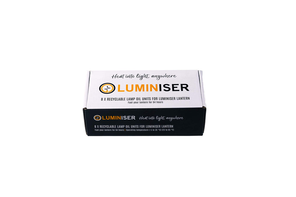 LUMINISER lamp liquid oil cartridge in use delivers warm ambience.