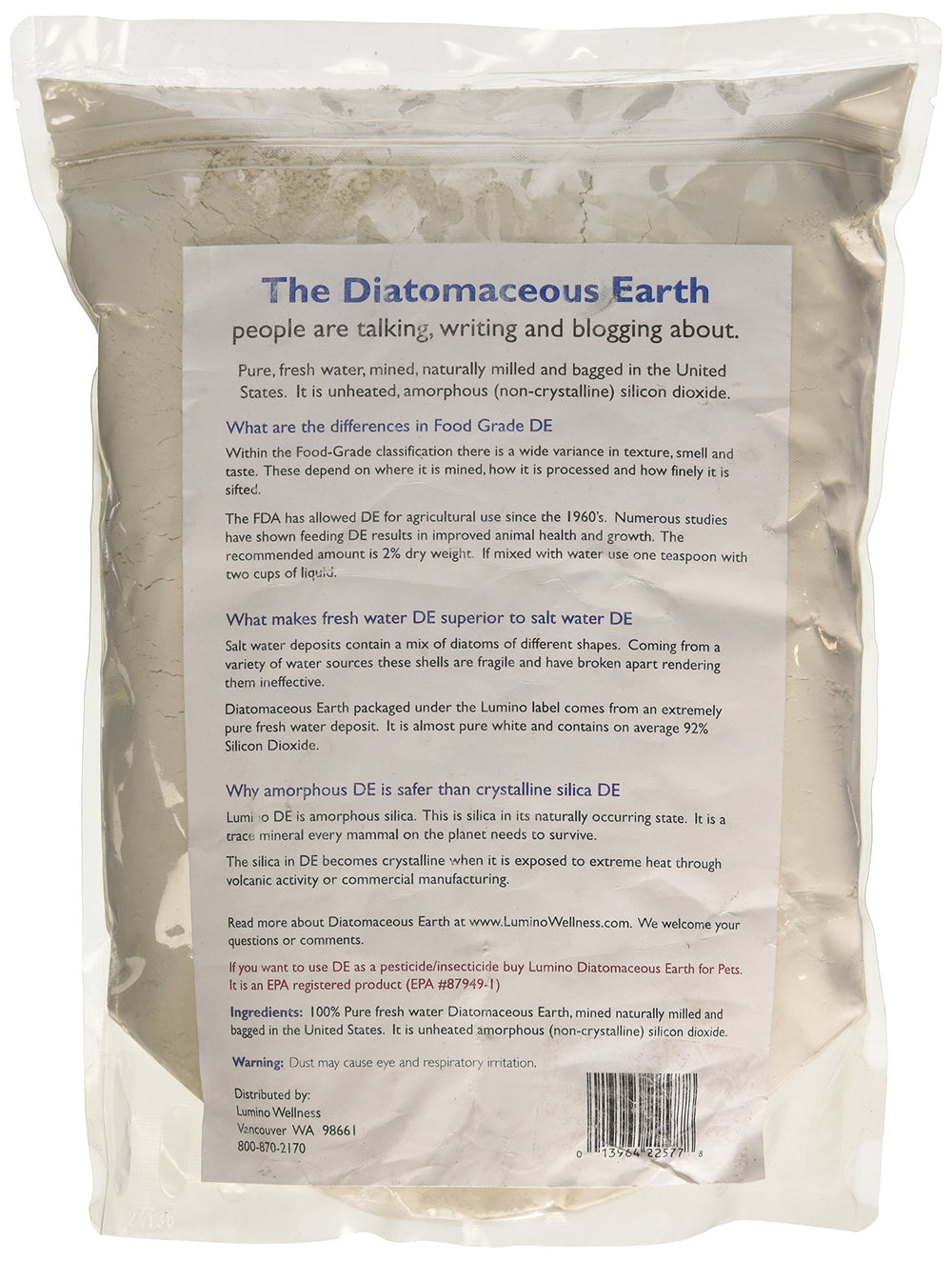 Packaging-ready Lumino Home diatomaceous earth for easy storage at home.