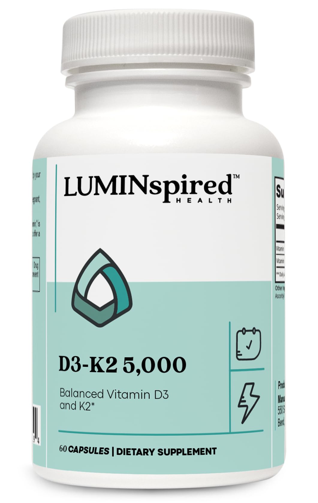 LUMINSPIRED HEALTH vitamin D3 K2 bottle showing label for bone and immune support