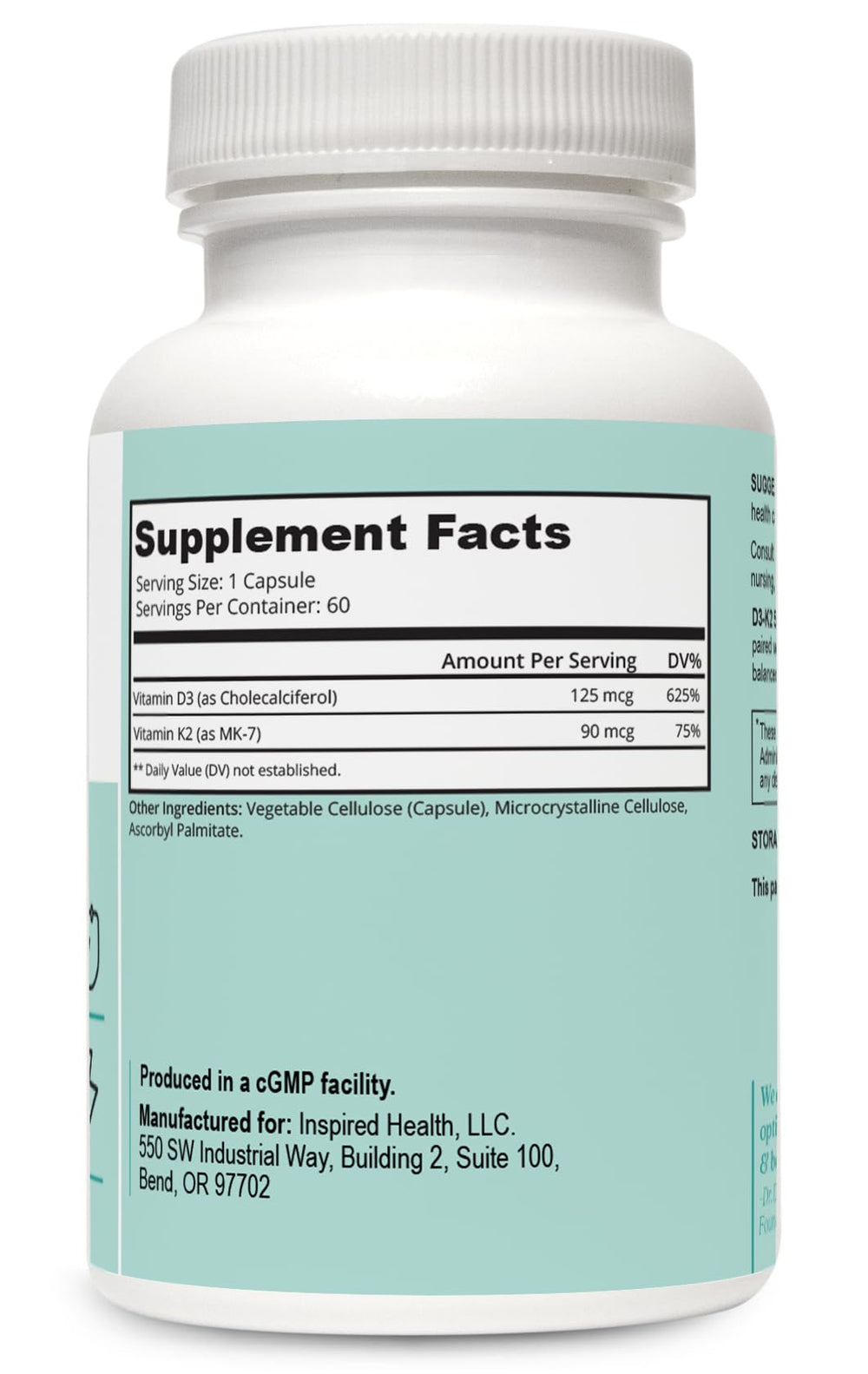 LUMINSPIRED HEALTH vitamin D3 K2 capsules close-up highlighting high potency dosage