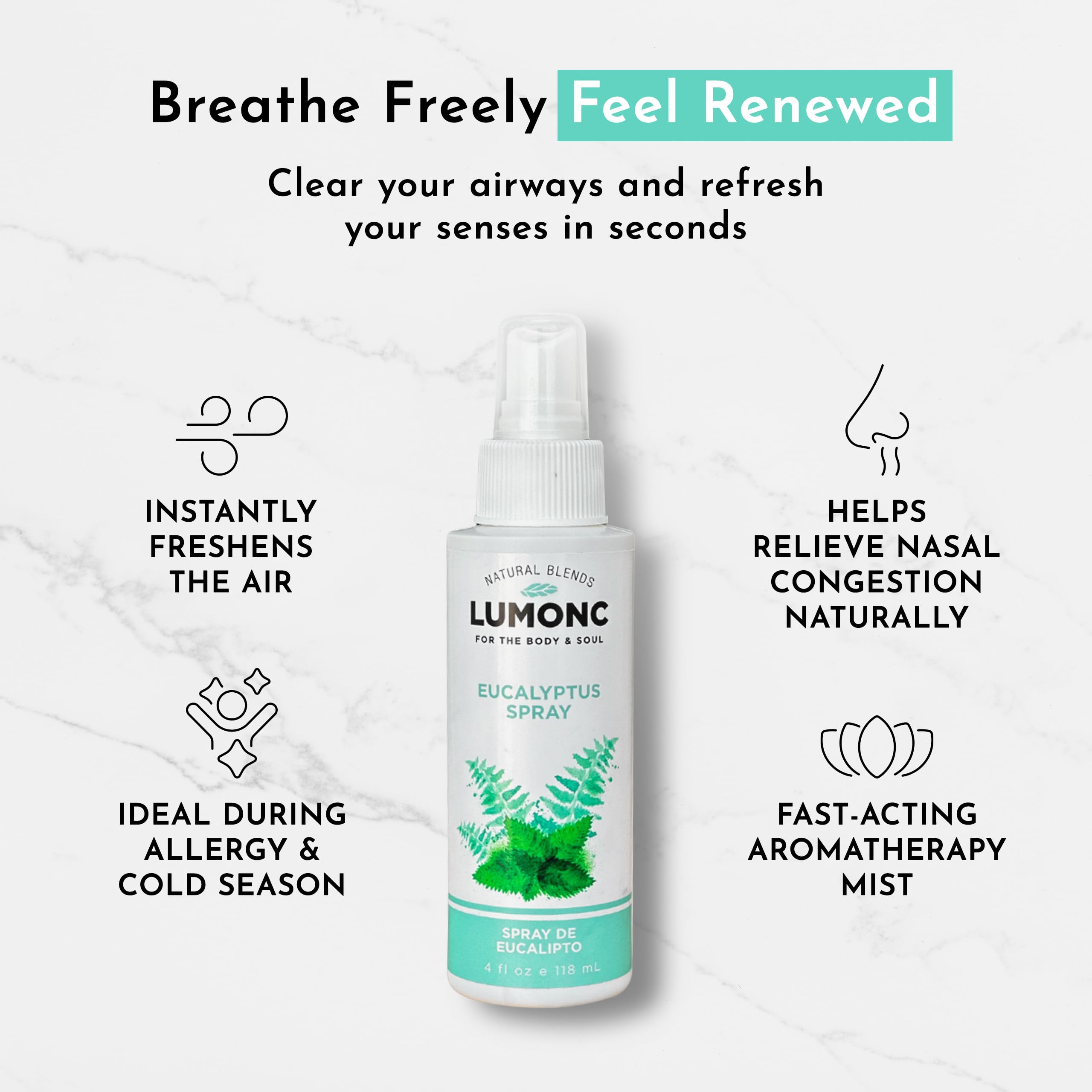Lumonc Eucalyptus Spray on hands for easy inhale and breath support.