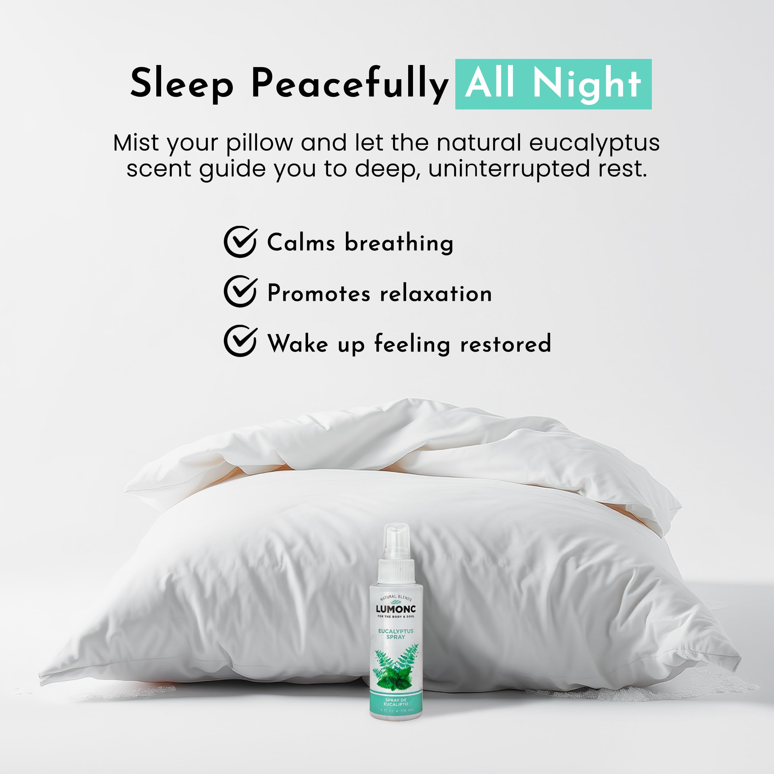 Lumonc Eucalyptus Spray pillow mist for restful bedtime atmosphere.