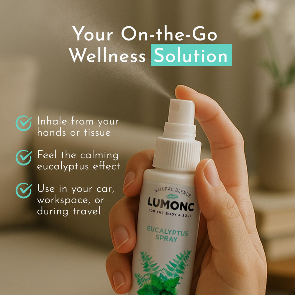 Lumonc Eucalyptus Spray to refresh room and linens with calm vibes.