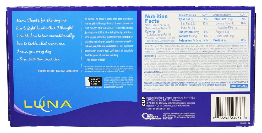 LUNA BAR Chocolate Cupcake bite-sized serving highlighting 8g protein