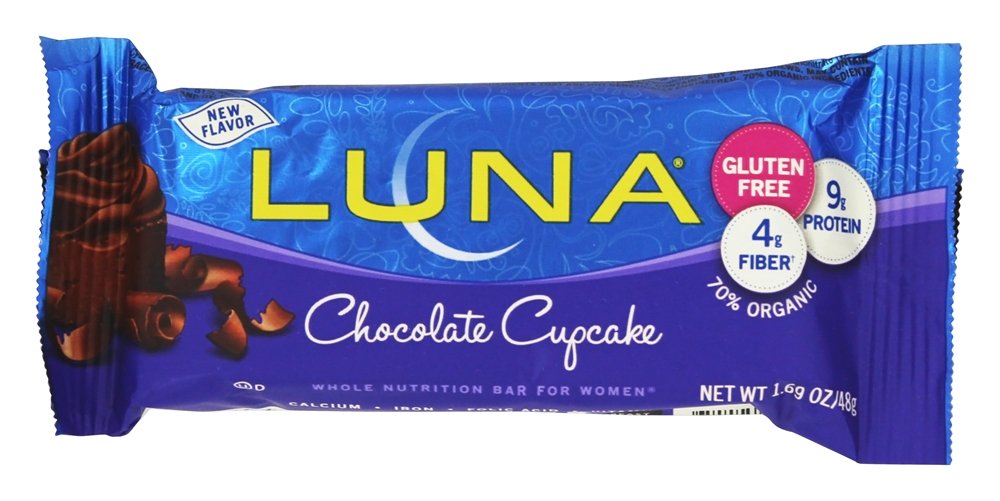 LUNA BAR Chocolate Cupcake packaging, 30-count display for on-the-go snacking
