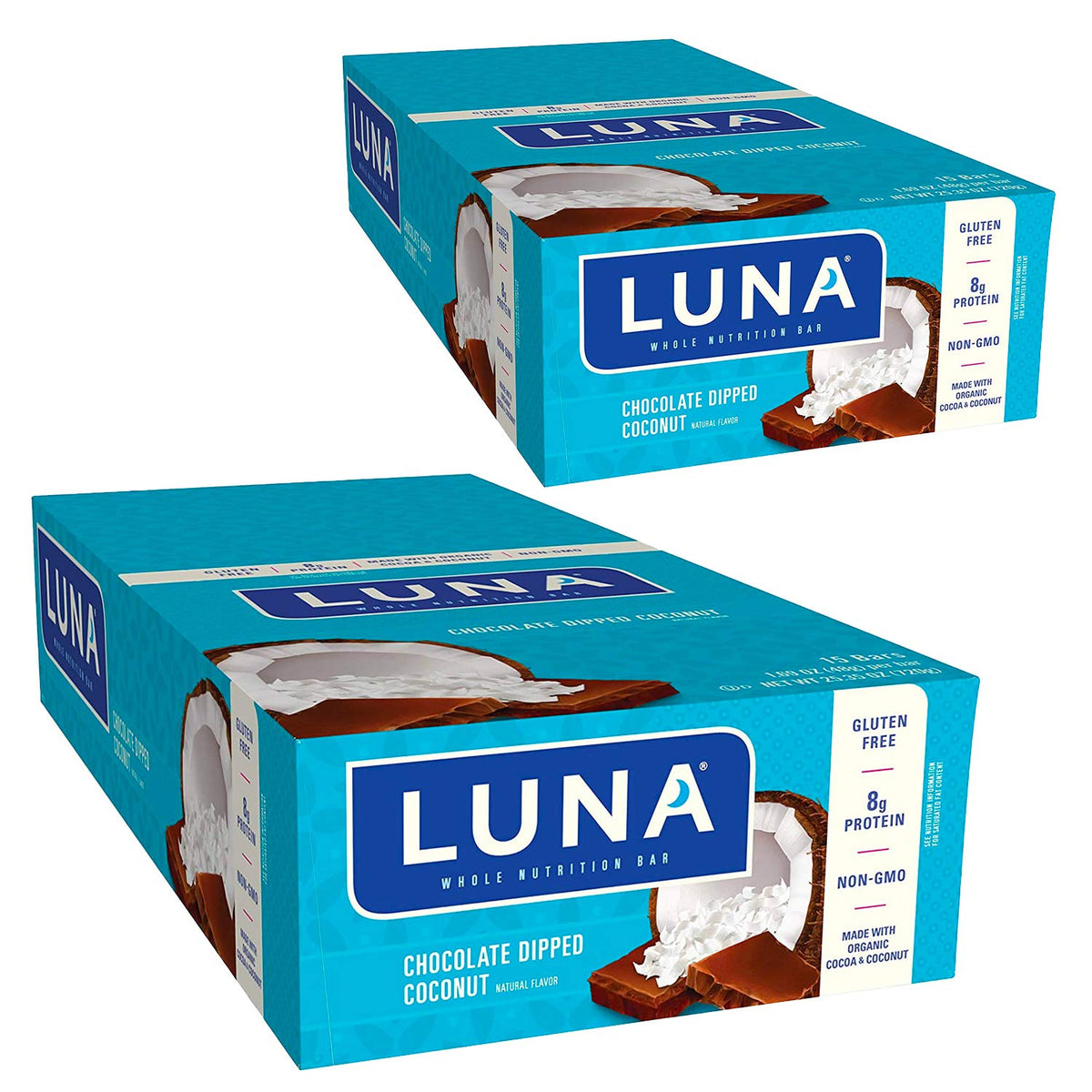 Luna Bar chocolate-dipped-coconut in hand, rich flavor and 8g protein boost.