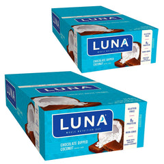 Luna Bar chocolate-dipped-coconut in hand, rich flavor and 8g protein boost.