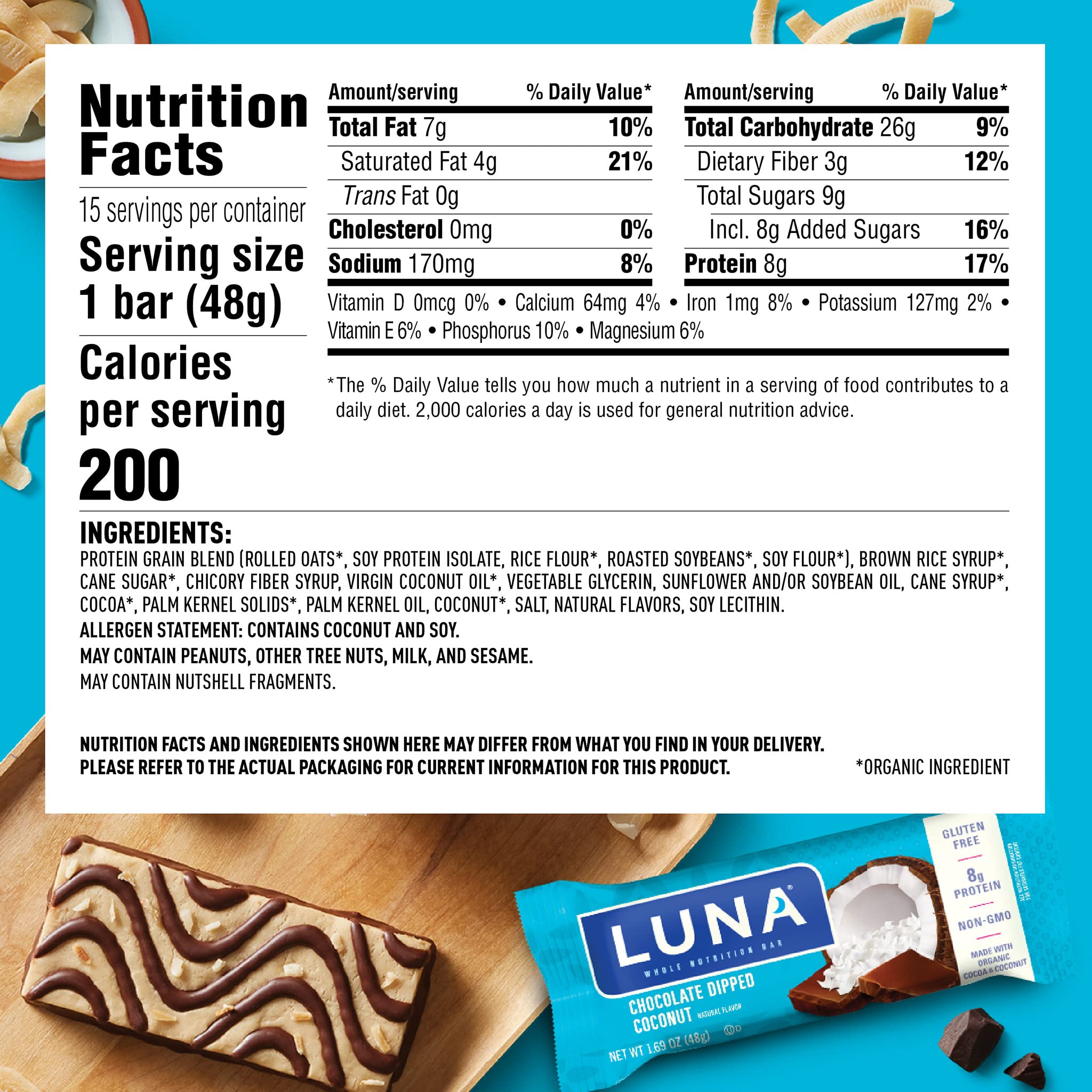 LUNA Bar Chocolate Dipped Coconut ingredients panel, soy-based protein and oats.