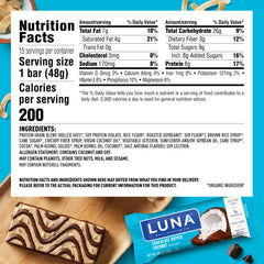 LUNA Bar Chocolate Dipped Coconut ingredients panel, soy-based protein and oats.