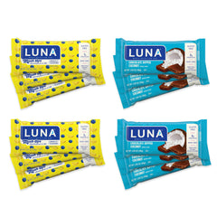 Luna Bar Chocolate Dipped Coconut pack close-up showing gluten-free protein snack.