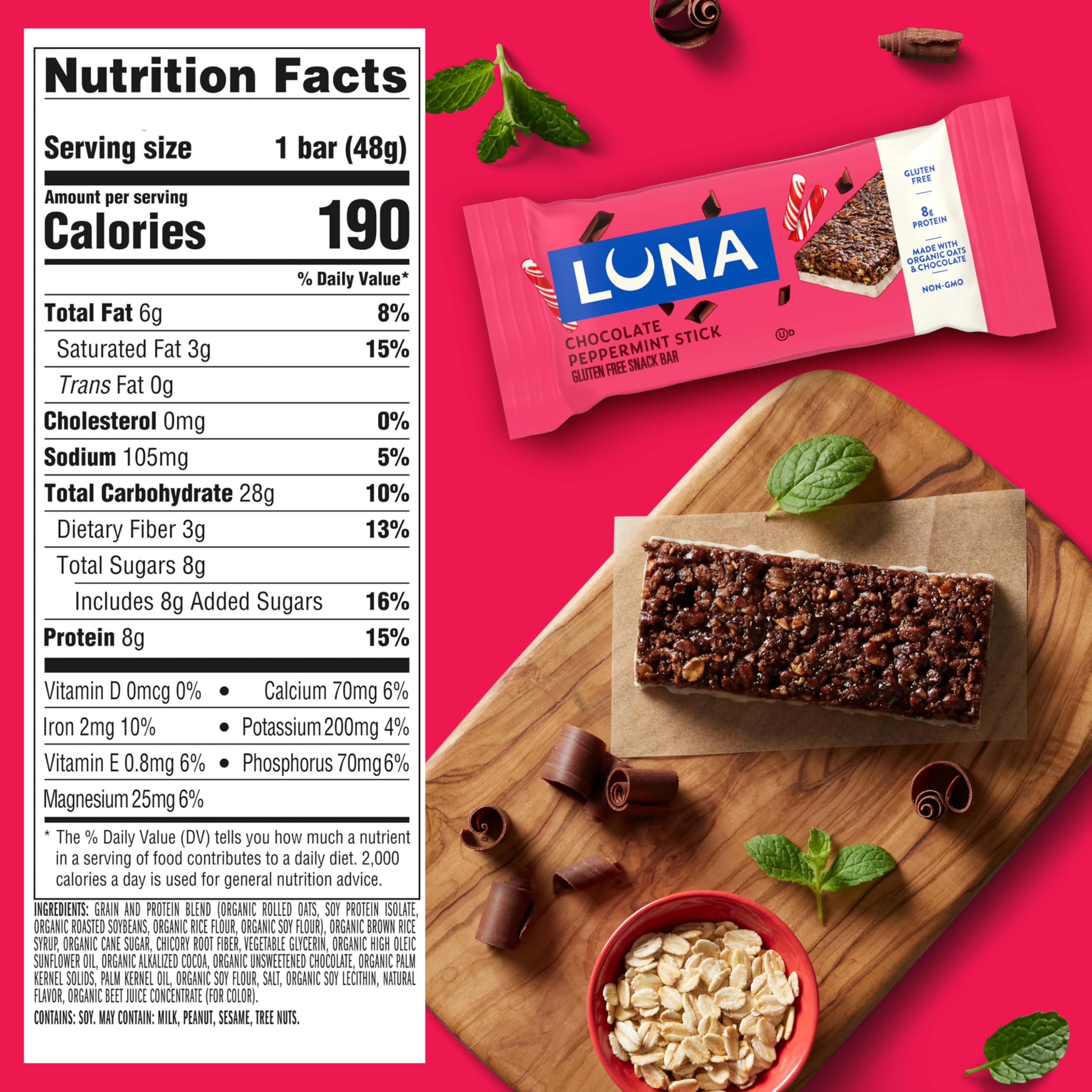 Luna Bar Chocolate Peppermint Stick bar with creamy coating—great for quick energy.