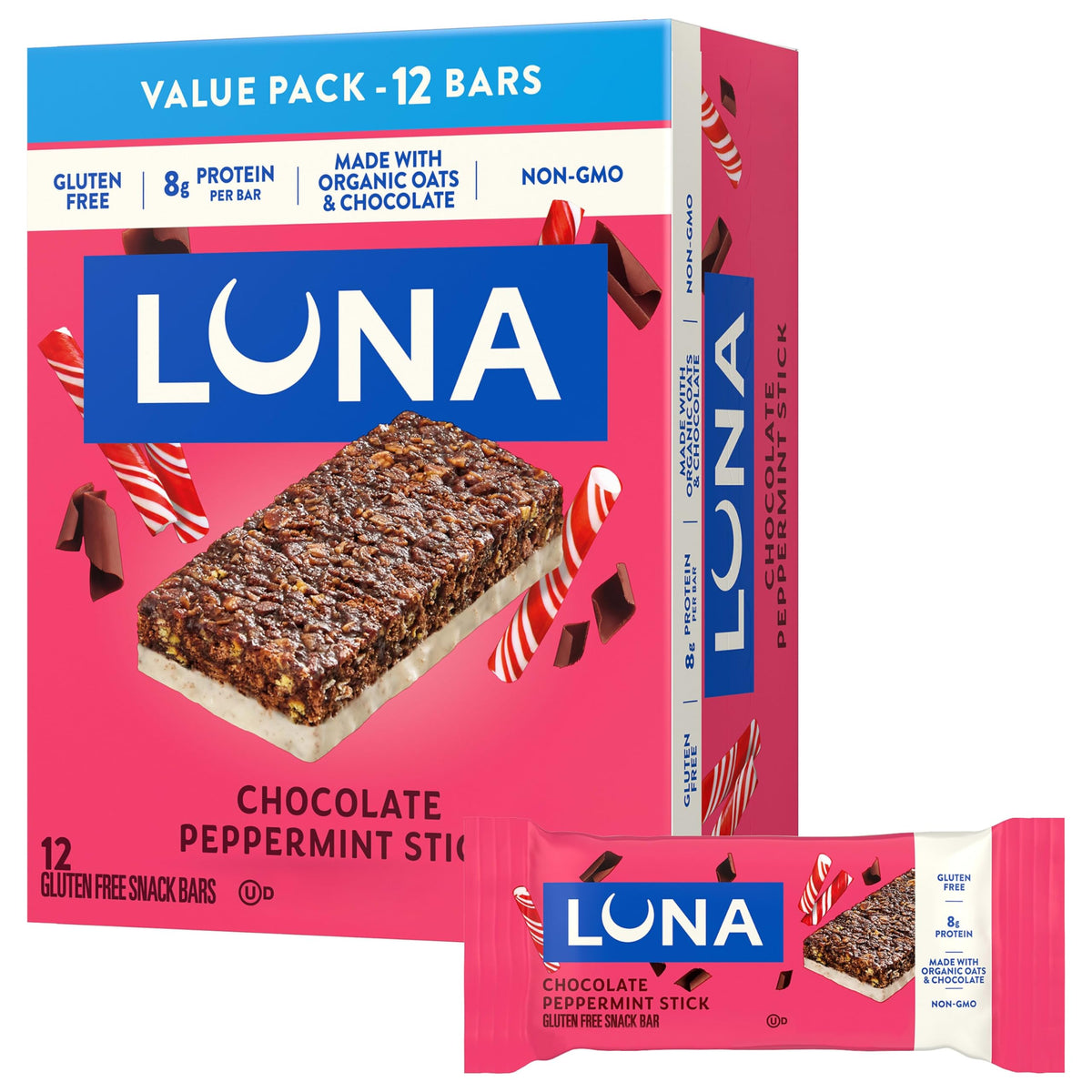Luna Bar Chocolate Peppermint Stick box packaging shows gluten-free, non-GMO snack for busy days.