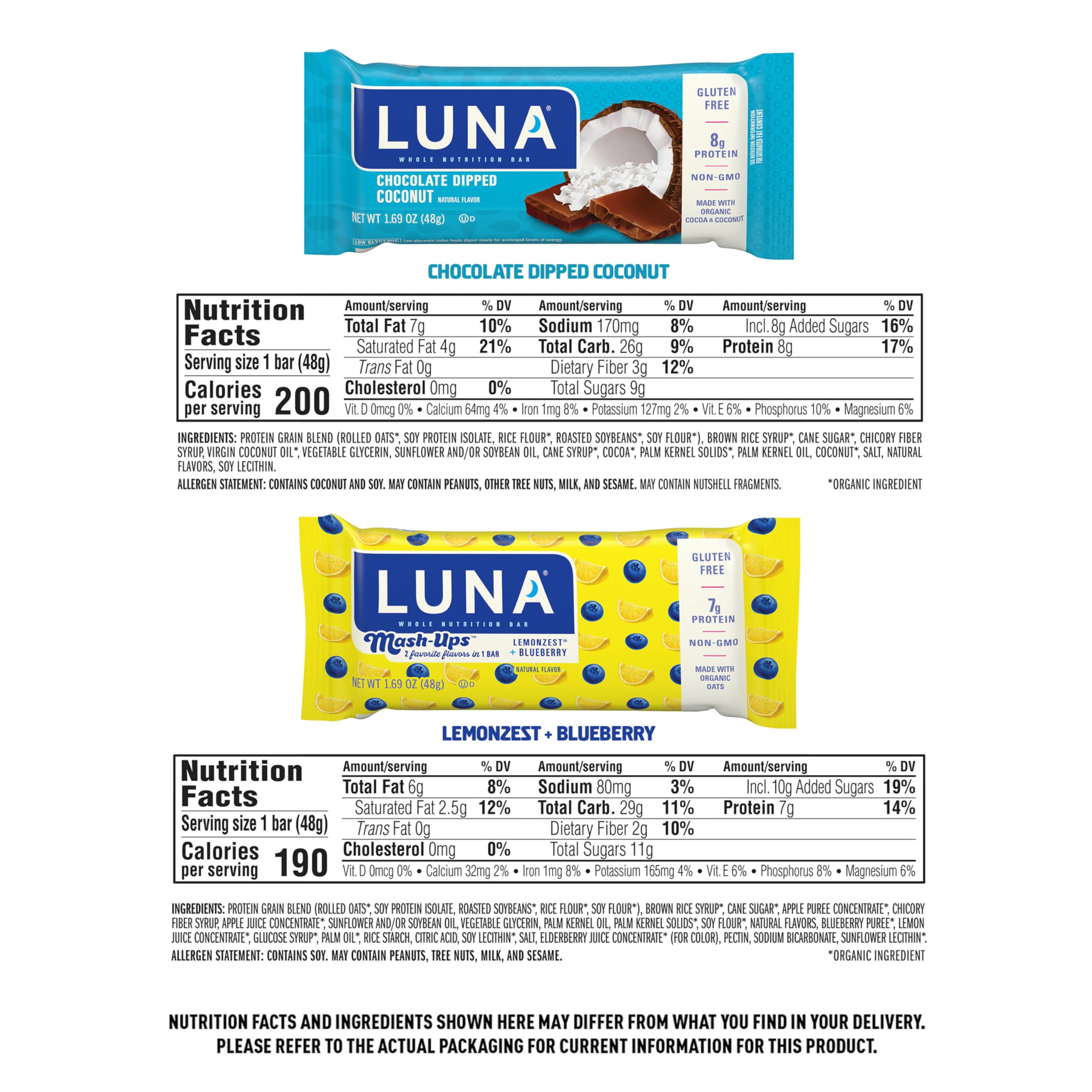 Luna Bar LemonZest Blueberry Mash-Ups ingredients close-up with oats and plant-based protein.