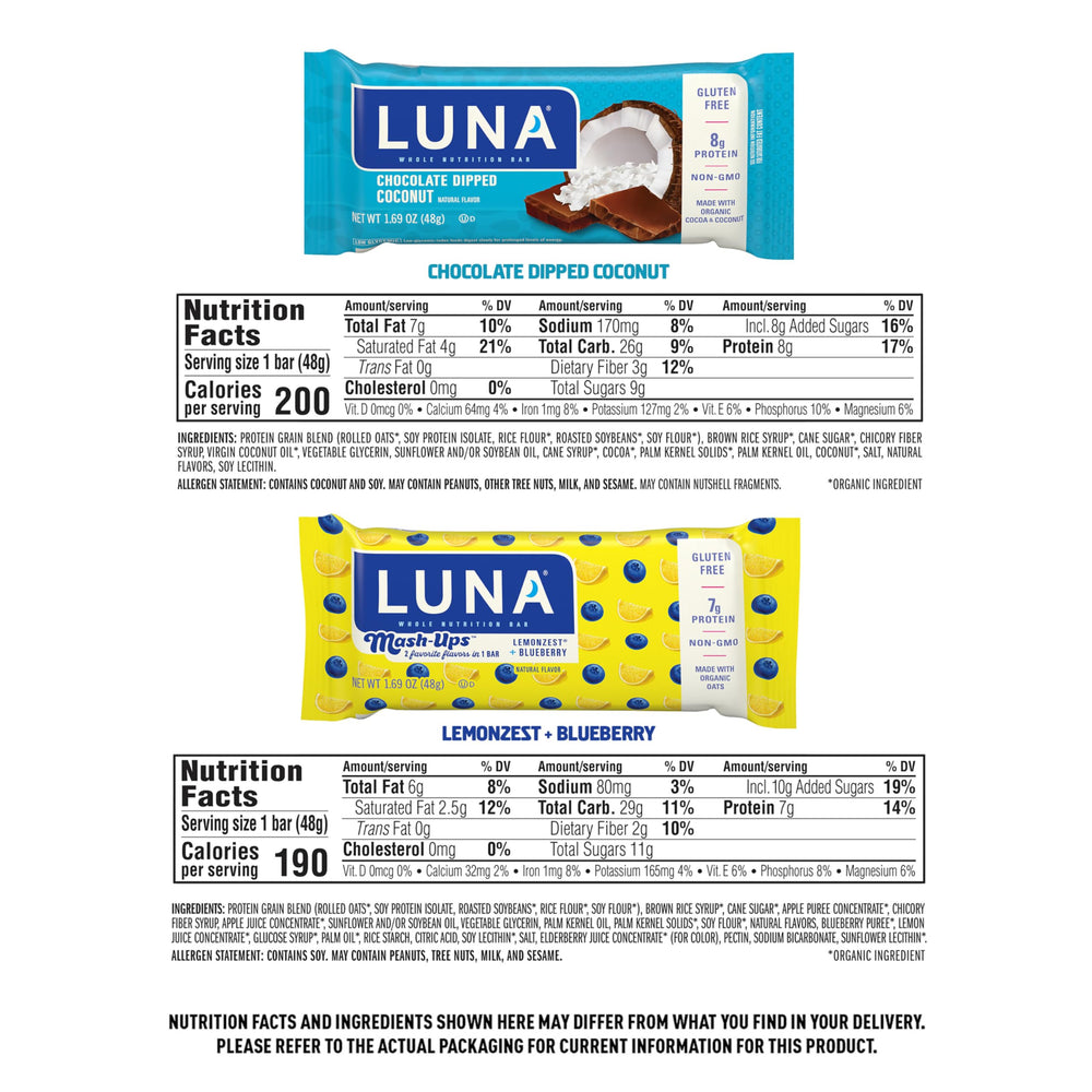 Luna Bar LemonZest Blueberry Mash-Ups ingredients close-up with oats and plant-based protein.