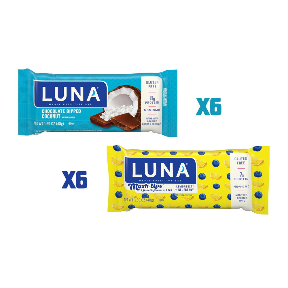 Luna Bar LemonZest Blueberry Mash-Ups display highlighting fruity flavor variety.