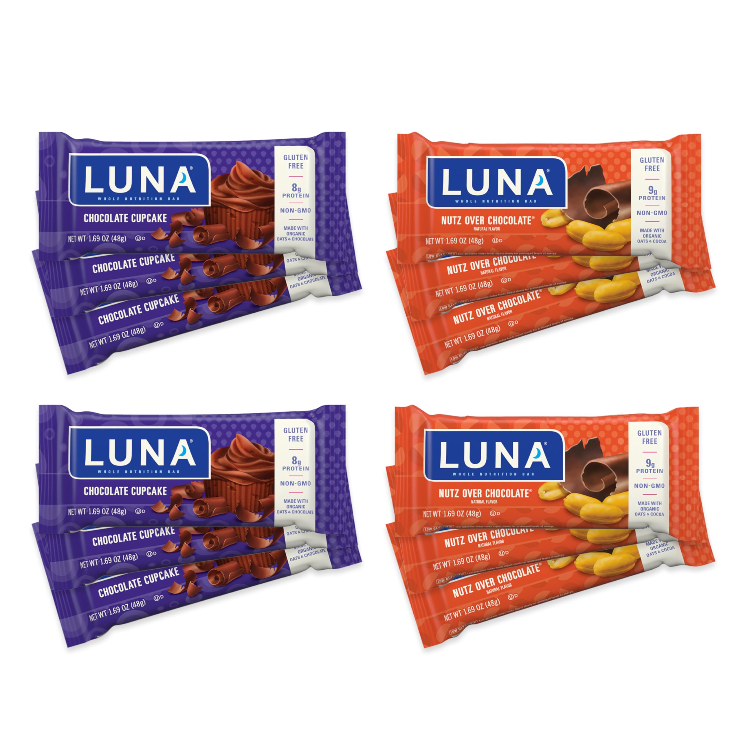 Luna Bar Nutz Over Chocolate front view shows protein-rich coating for a quick snack
