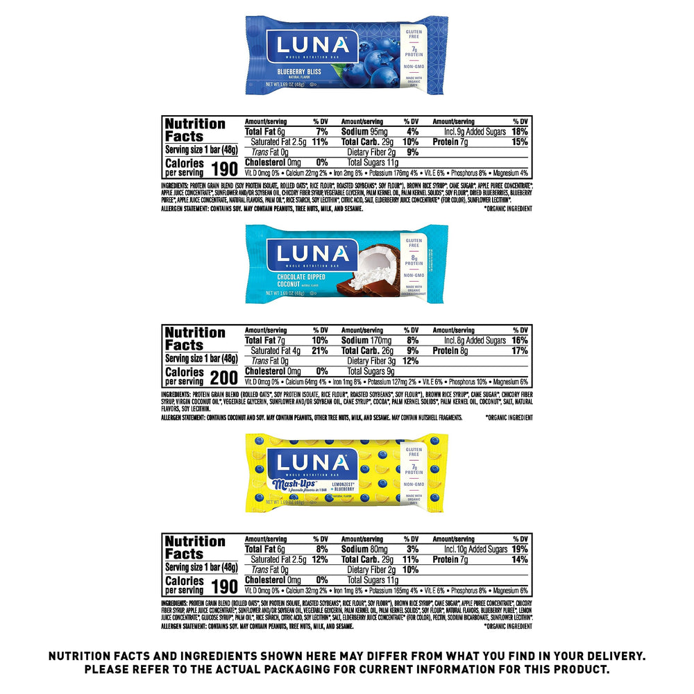 LUNA Bar variety pack six flavors back shows portable, plant-based protein