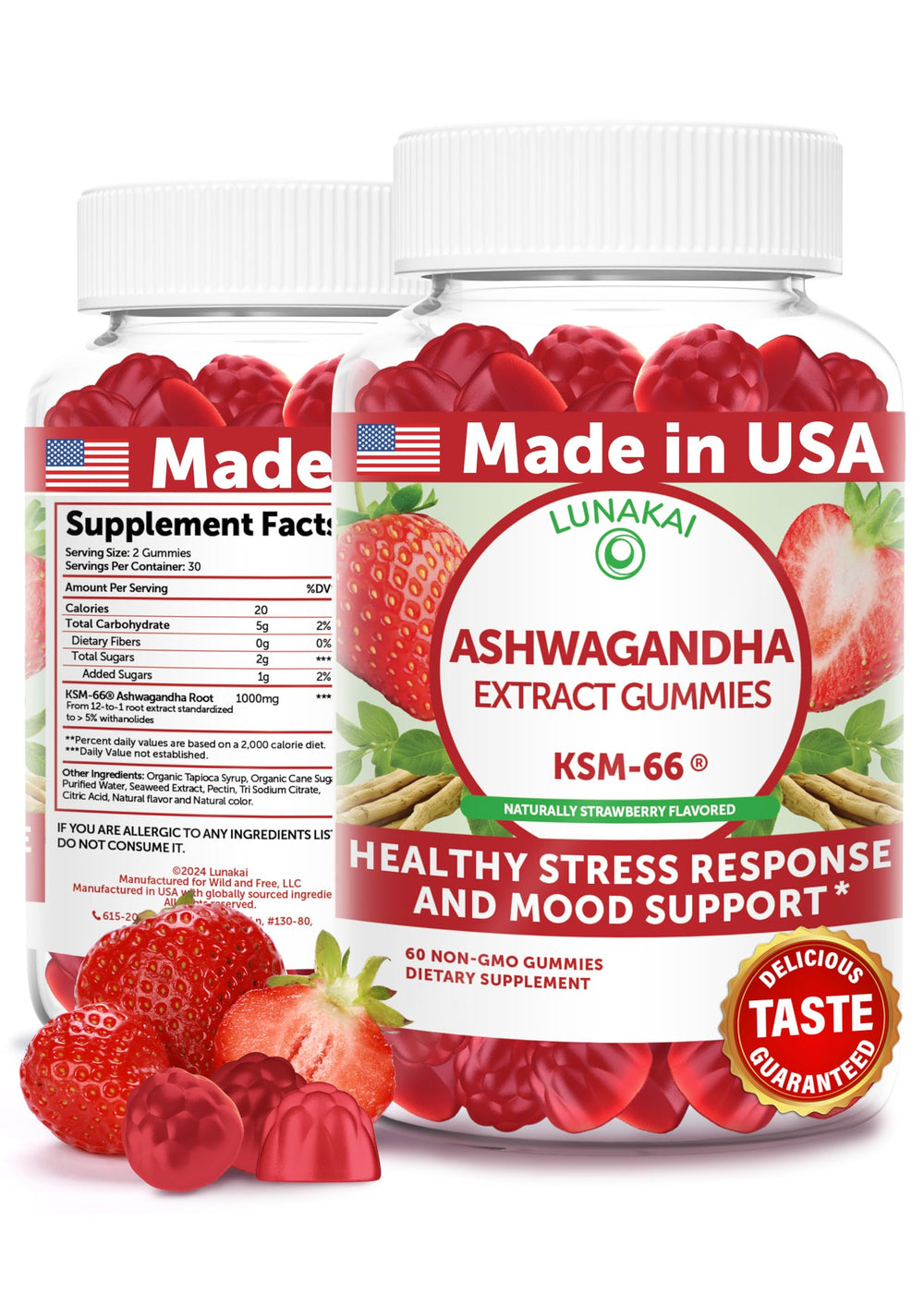 Lunakai KSM-66 gummies packaging highlighting USA-made quality for daily stress support