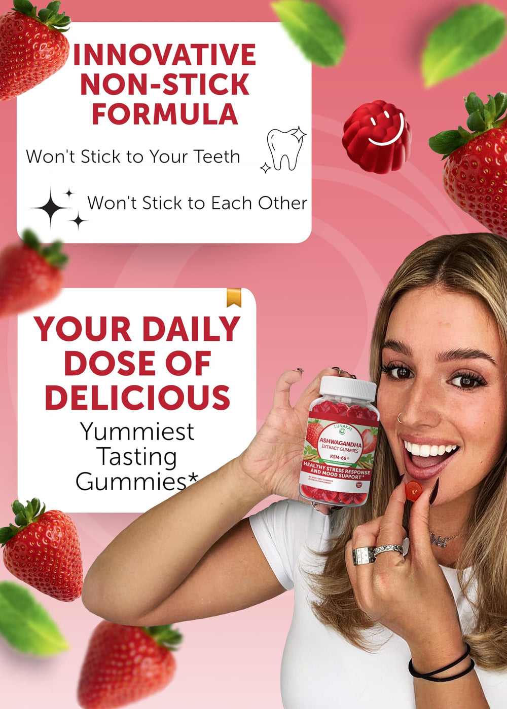 Lunakai gummies strawberry flavor on bottle label signals vegan, non-GMO ingredients