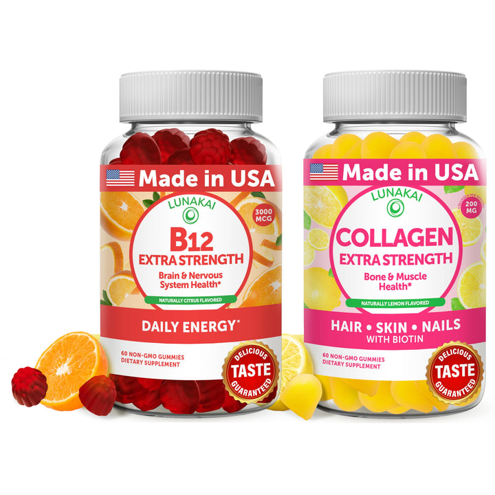 Lunakai B12 and collagen gummies bundle, premium ingredients for skin and energy.