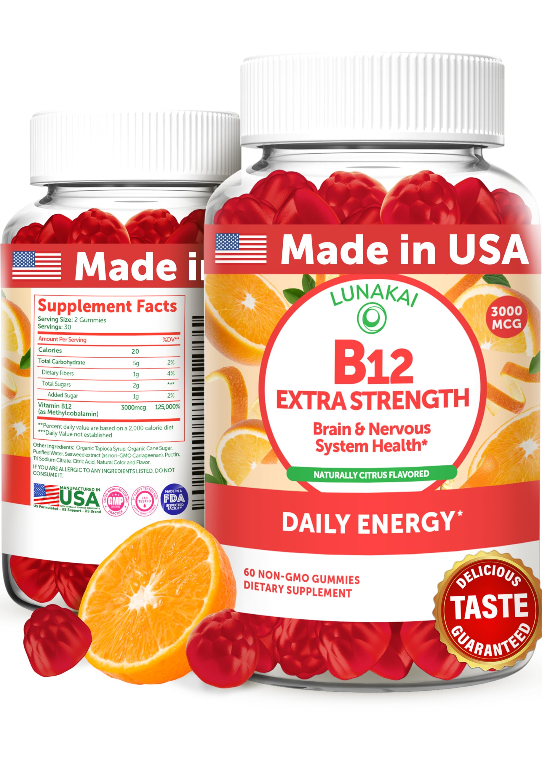 Lunakai B12 gummies bottle front with citrus flavor for daily energy.