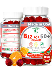 Lunakai B12 gummies orange bottle front, vibrant label and 60-count packaging.