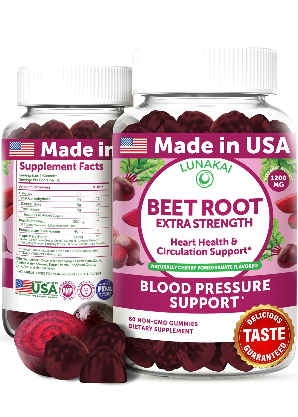 Lunakai Beet Root Gummies bottle front for convenient daily antioxidant-friendly snacking.