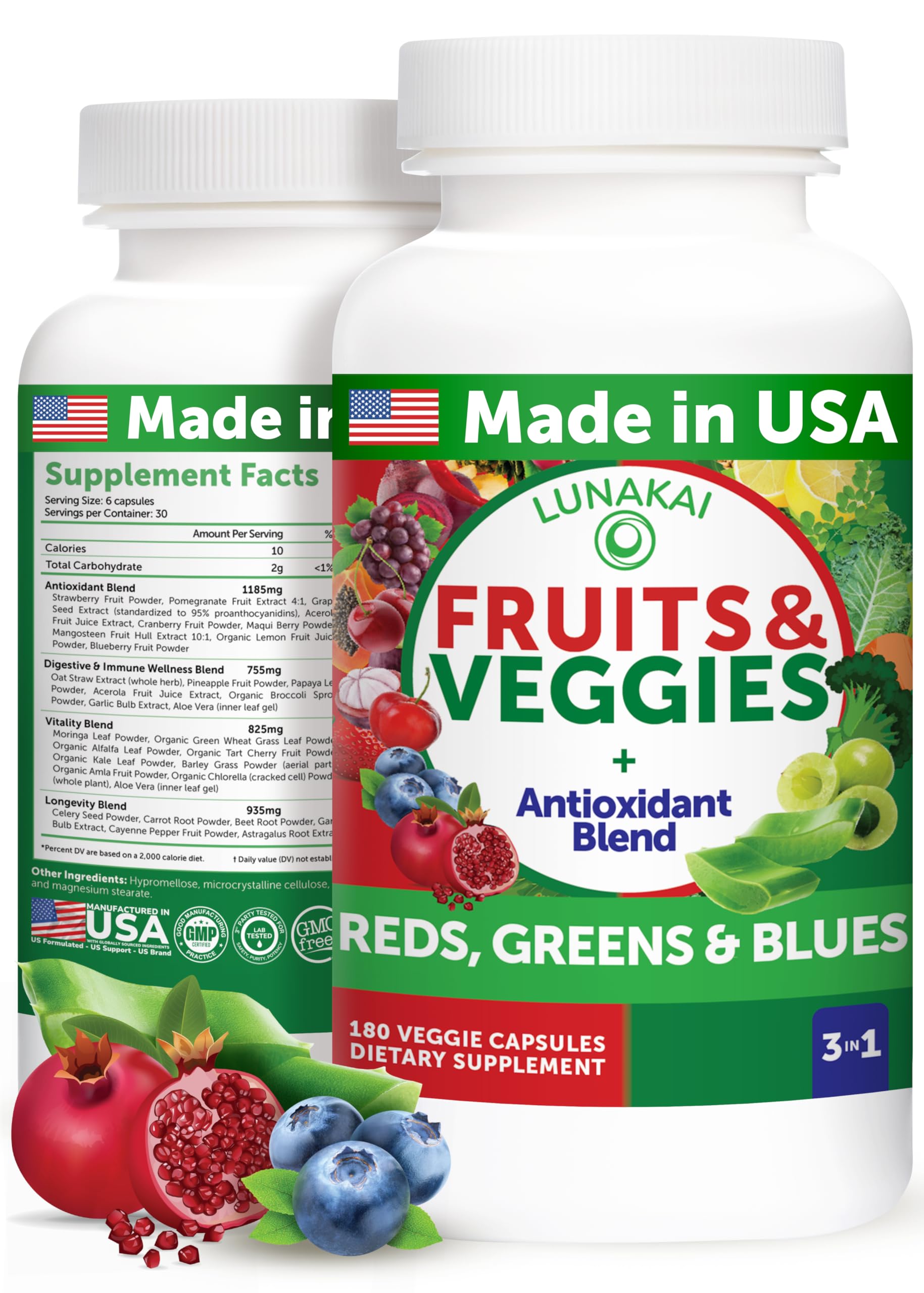 Lunakai bottle front hero shows a USA-made daily nutrition capsule.