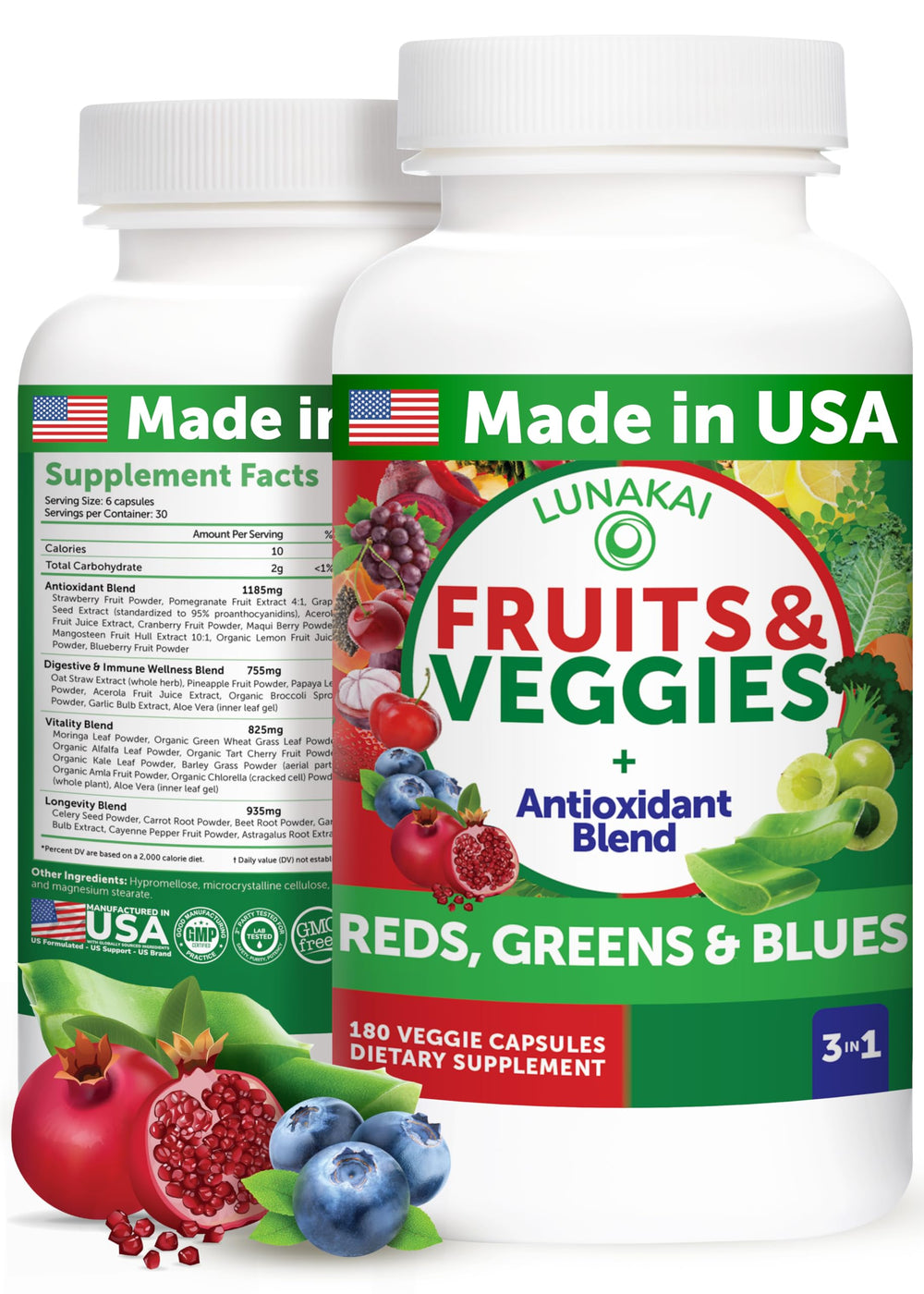 Lunakai bottle front hero shows a USA-made daily nutrition capsule.