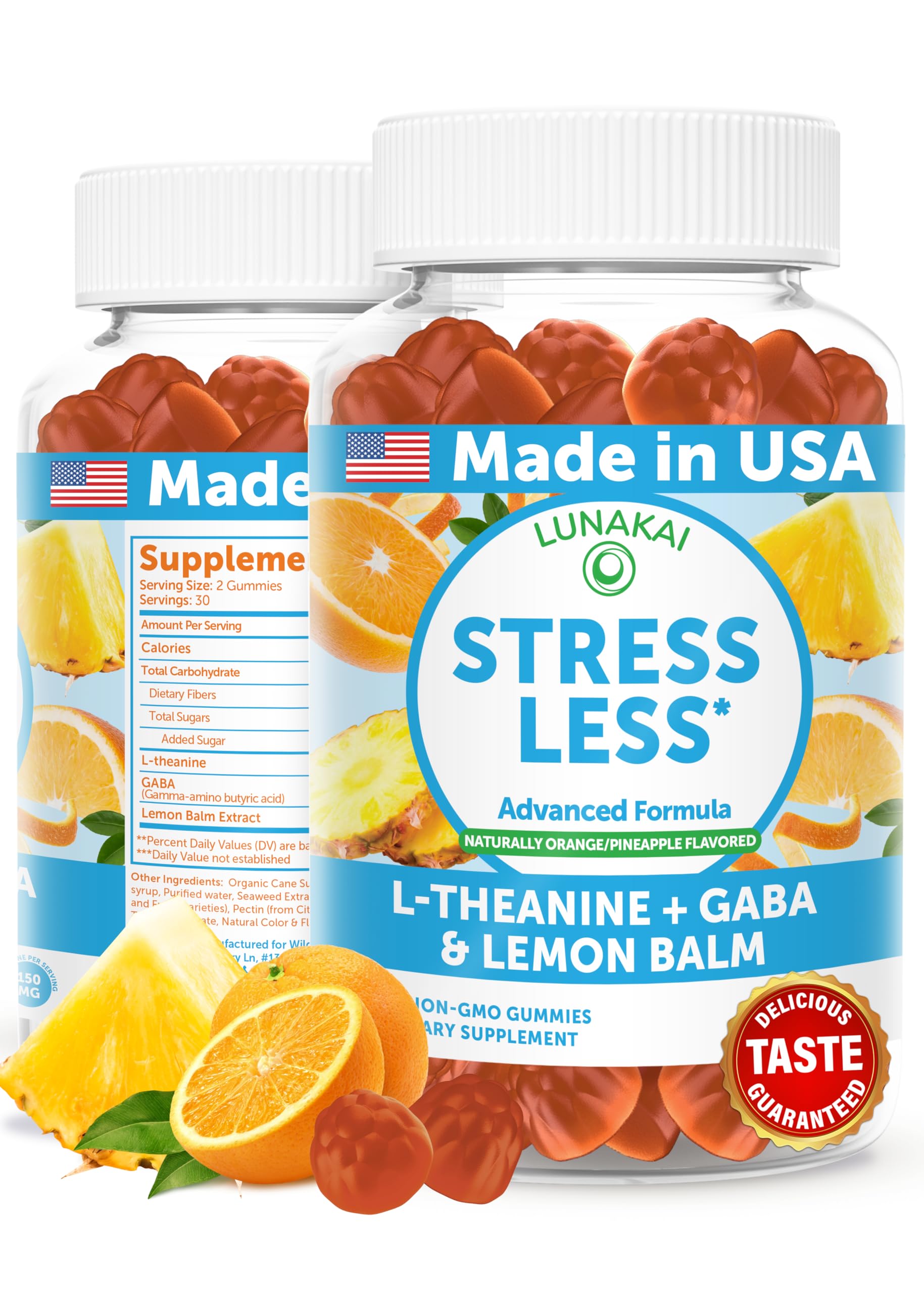 Lunakai calm gummies bottle shown for daily stress support.