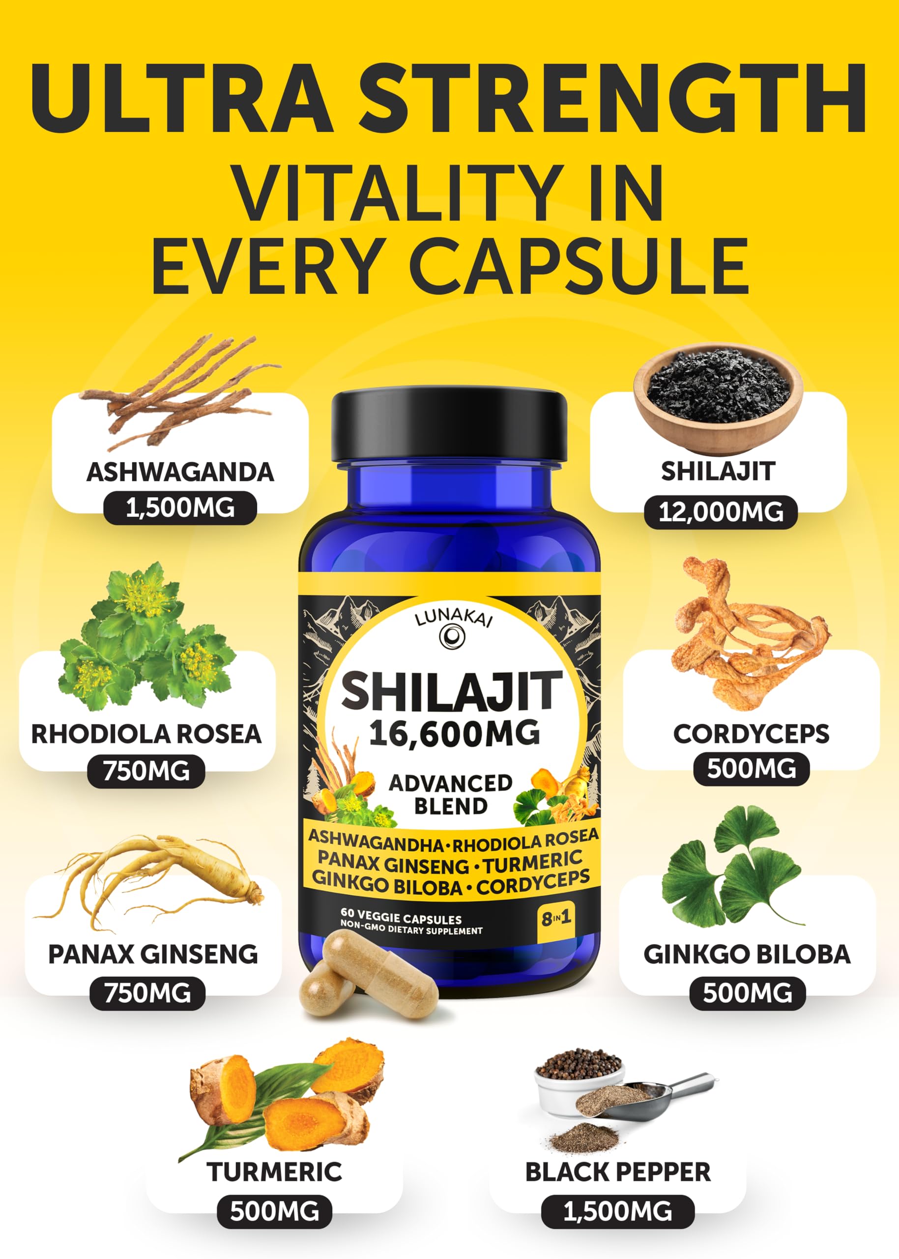 Lunakai capsules rhodiola and cordyceps blend for steady energy