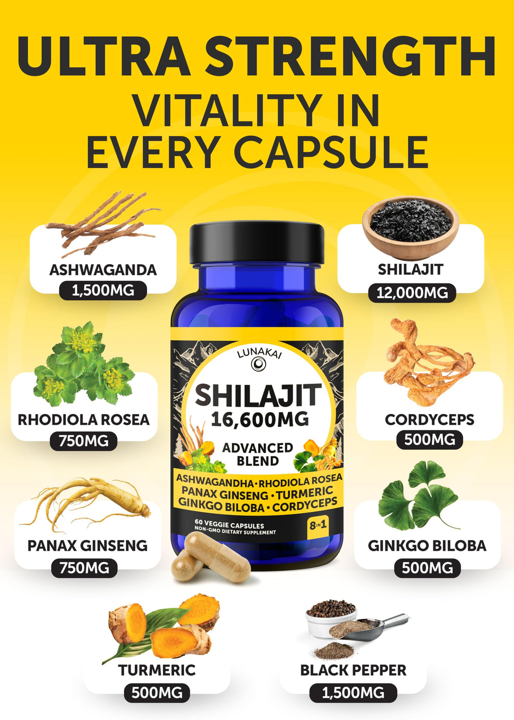 Lunakai capsules rhodiola and cordyceps blend for steady energy