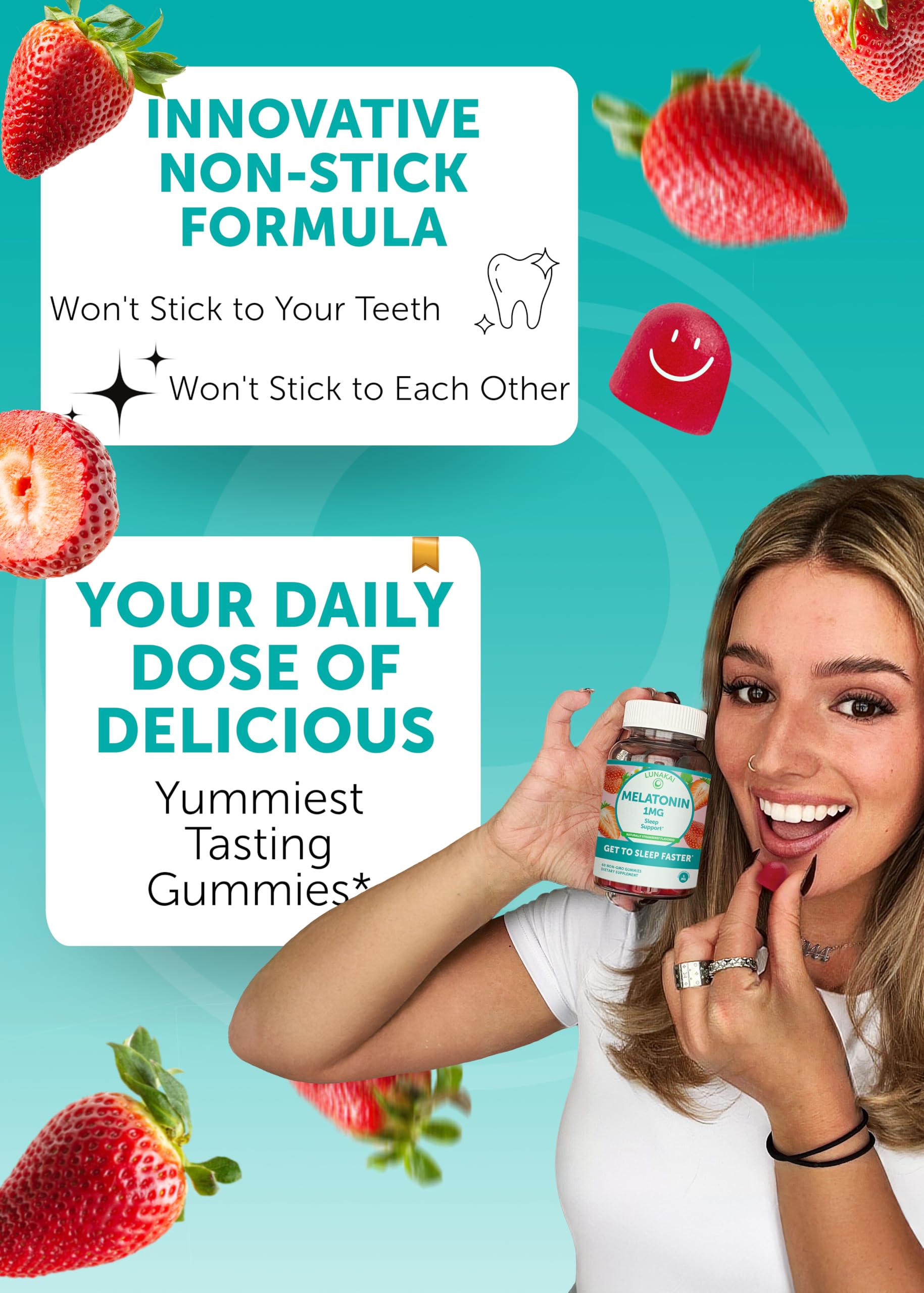 Lunakai chewable melatonin gummies assembly highlights tasty, convenient sleep support.