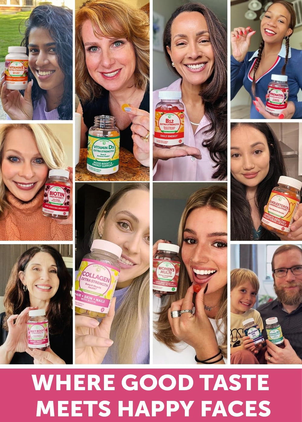 Lunakai collagen gummies bottle close-up showcasing quality and USA-made claim.