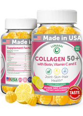 Lunakai collagen gummies bottle front with lemon flavor for skin and joints.