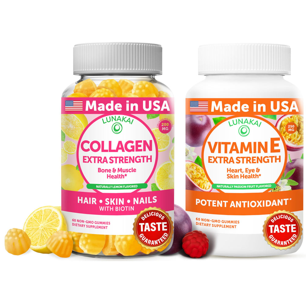 Lunakai collagen vitamin E gummies bottle showing convenient daily support for skin and nails.
