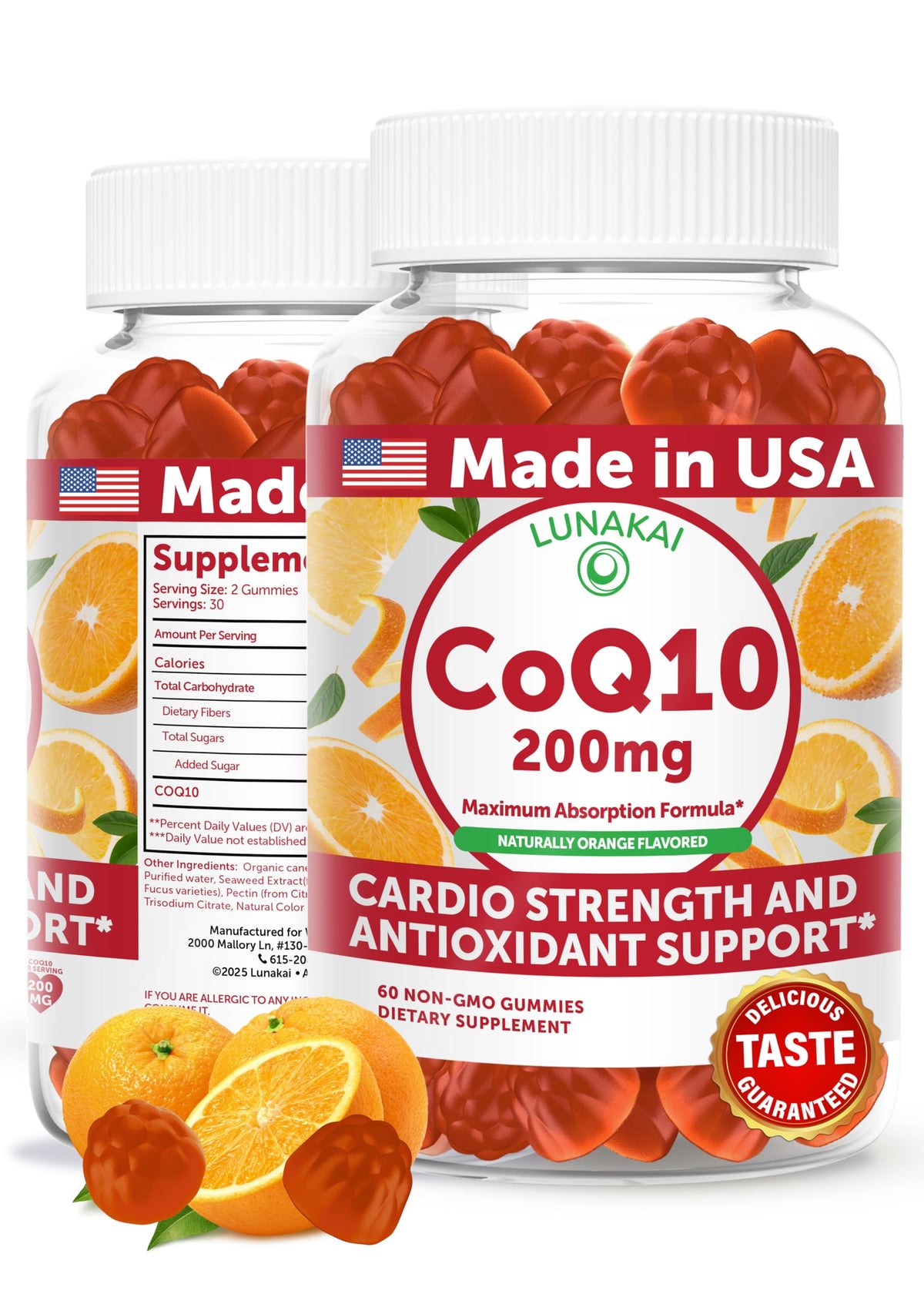 Lunakai CoQ10 gummies bottle front for daily heart health and energy support.