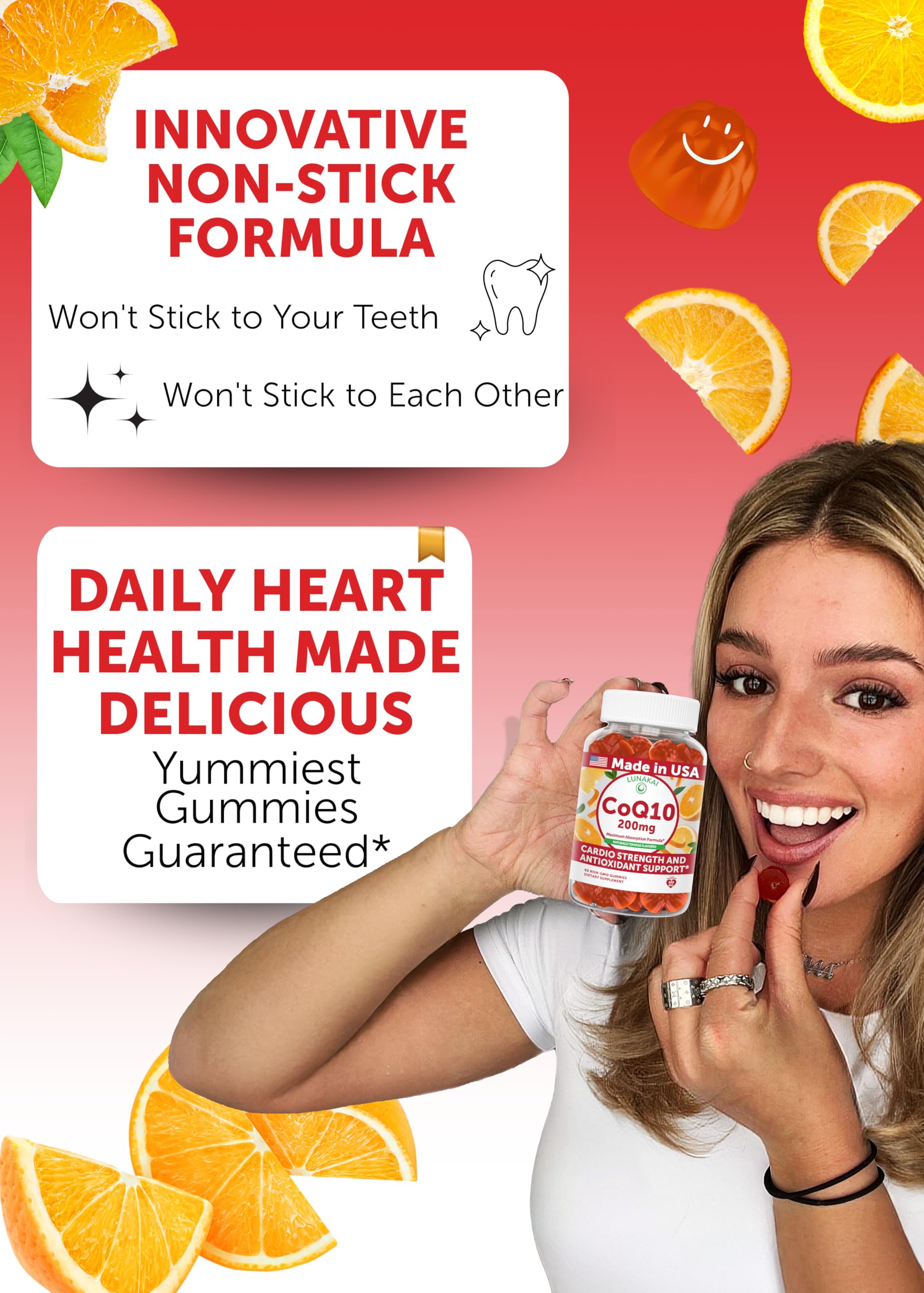Lunakai CoQ10 gummies soft chew close up emphasizes easy daily intake.