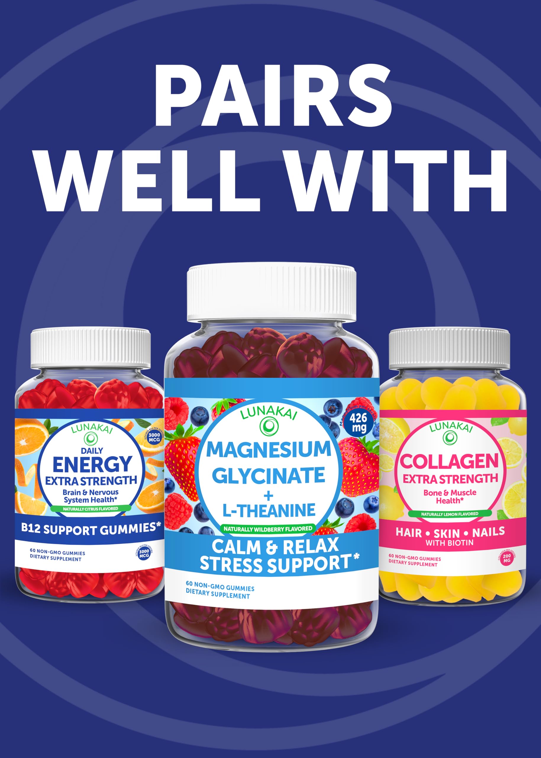 Lunakai creatine gummies daily-use close-up with serving size note.